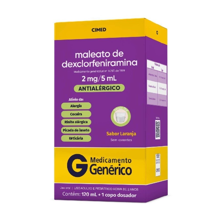 Maleato de Dexclorfeniramina 2mg/5ml Solução Oral Sabor Laranja 120ml Cimed Genérico