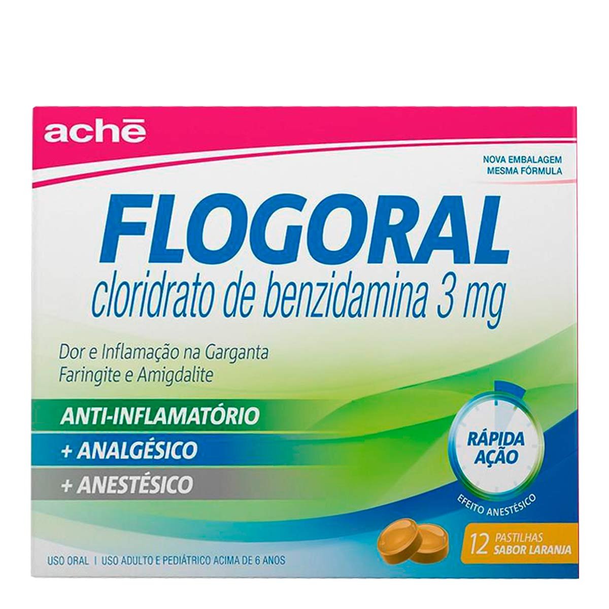 Pastilha para Garganta Flogoral 3mg Laranja 12 Unidades